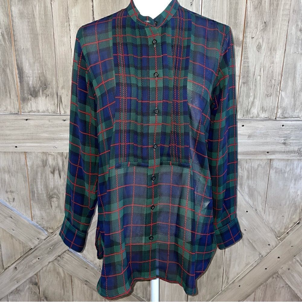 Chaps Plisse Pleated Tartan Plaid Blouse